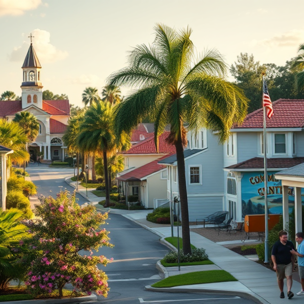 AT&T Coverage, Stores & Plans in Sun 'n Lake of Sebring, Sebring FL 33876 A lively street scene in Sun 'n Lake of Sebring, Florida, showcasing a charming suburban neighborhood with lush greenery and well-manicured lawns. In the backgr