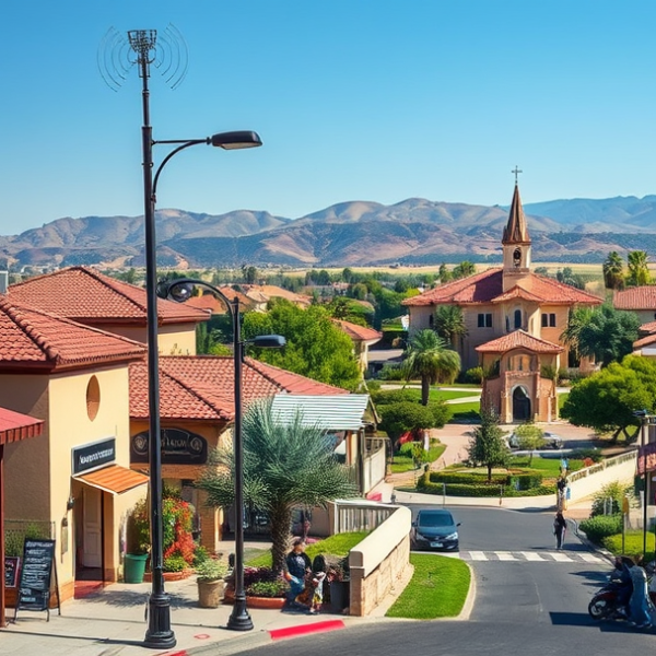 AT&T Coverage, Stores & Plans in Sunnymead, Moreno Valley CA 92551 A realistic street scene in Sunnymead, Moreno Valley, CA (ZIP 92551), featuring a vibrant neighborhood with colorful murals depicting local history and cultural