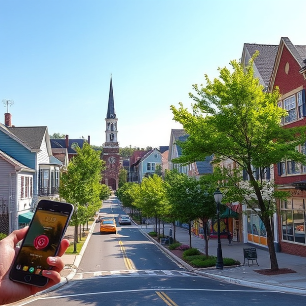 AT&T Coverage, Stores & Plans in Tiverton, Fall River MA 02723 A vibrant neighborhood scene inside Tiverton, Fall River, MA (02723), showcasing historic landmarks and distinctive architecture. Include the iconic Tiverton Pu