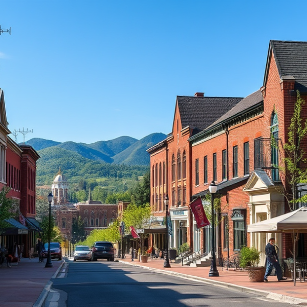 AT&T Coverage, Stores & Plans in University, Blacksburg VA 24061 A vibrant street scene in Blacksburg, VA 24061, showcasing the heart of the university neighborhood: historic brick buildings with classic Virginia architecture