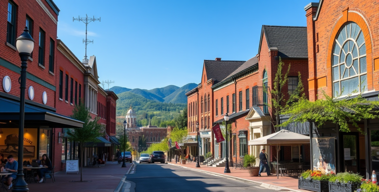 A vibrant street scene in Blacksburg, VA 24061, showcasing the heart of the university neighborhood: historic brick buildings with classic Virginia architecture