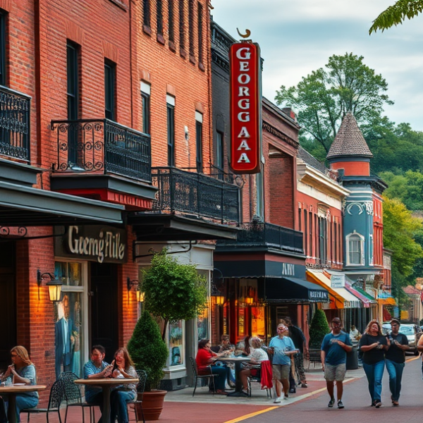 AT&T Coverage, Stores & Plans in University of Georgia, Athens GA 30605 A vibrant street scene in Athens, GA 30605, showcasing the University of Georgia neighborhood: historic brick buildings with wrought-iron balconies, a cozy café
