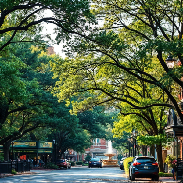 AT&T Coverage, Stores & Plans in University of Georgia, Athens GA 30608 A vibrant street scene in Athens, GA 30608, showcasing the University of Georgia neighborhood—lush tree-lined sidewalks shaded by towering oaks and magnolias. I