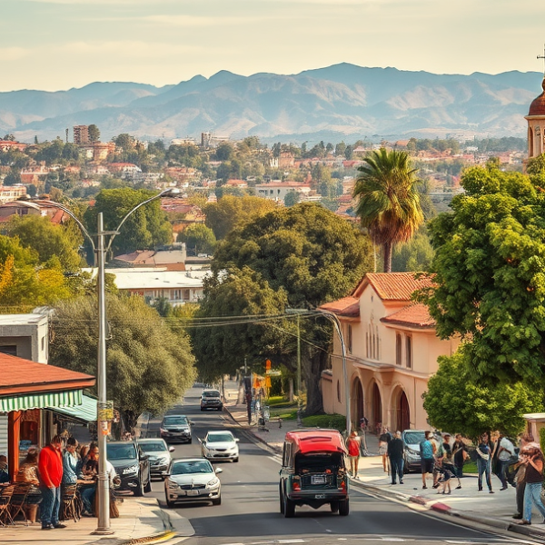 AT&T Coverage, Stores & Plans in Van Nuys, Los Angeles CA 91470 A realistic, aspirational street scene in Van Nuys, Los Angeles, CA 91470, showcasing a vibrant neighborhood with murals depicting local history and culture, in