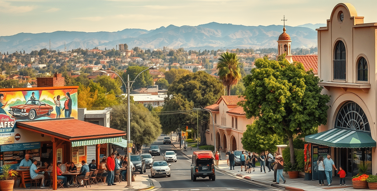 A realistic, aspirational street scene in van nuys, los angeles, ca 91470, showcasing a vibrant neighborhood with murals depicting local history and culture, in