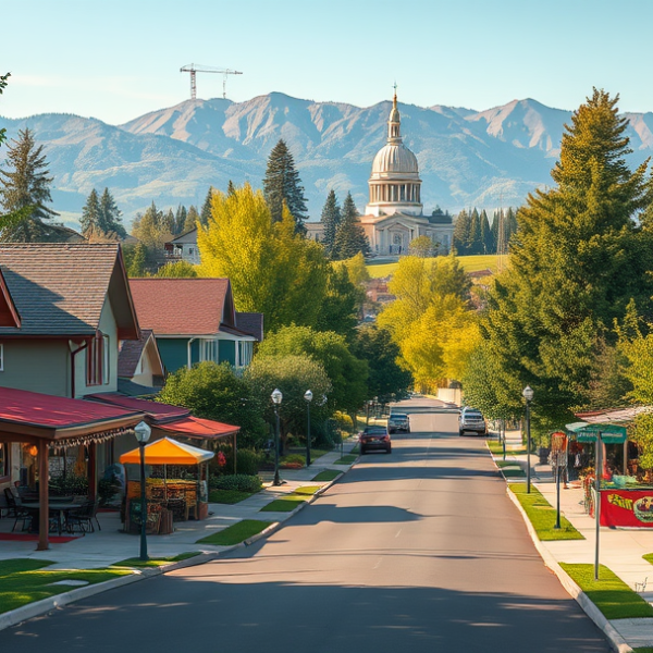 AT&T Coverage, Stores & Plans in West Valley, Boise ID 83713 A vibrant Boise neighborhood scene in West Valley (83713), featuring a lively street lined with mid-century modern and craftsman-style houses, lush green lawns,
