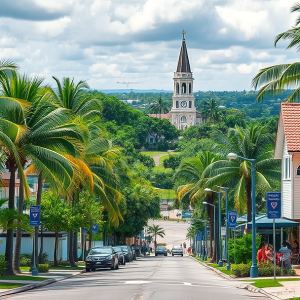 AT&T Coverage, Stores & Plans in Westchester, Miami FL 33152 A lively street scene in Westchester, Miami, FL 33152, showcasing a vibrant neighborhood with lush tropical landscaping and palm trees lining the sidewalks. In
