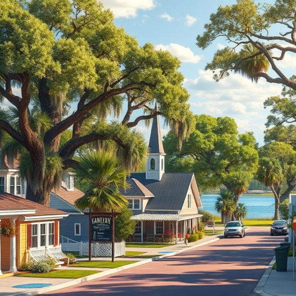 AT&T Coverage, Stores & Plans in Willow Lakes Estates, Pensacola FL 32506 A realistic, aspirational street scene of Willow Lakes Estates in Pensacola, FL (zip 32506), showcasing quaint suburban homes with colorful, well-maintained fac