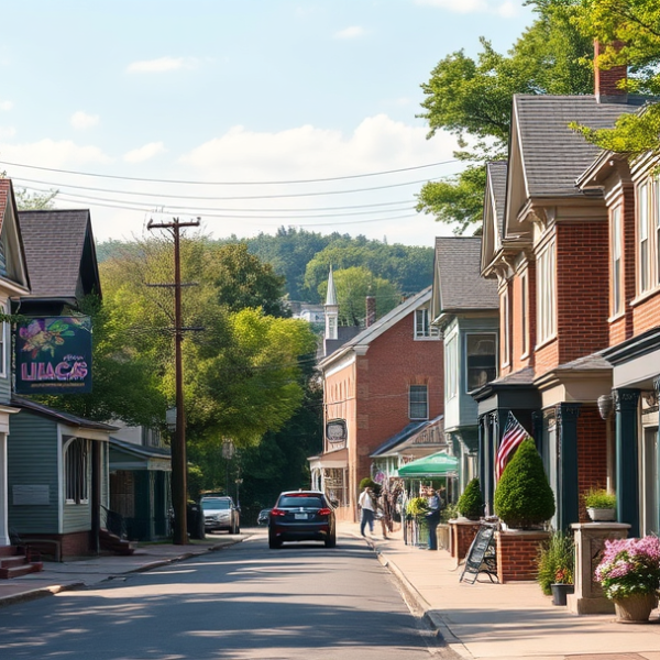 AT&T Coverage, Stores & Plans in Willowbend, Rochester NY 14618 A realistic street scene in Willowbend, Rochester, NY (14618), capturing a vibrant, well-kept neighborhood. The scene features charming early 20th-century house