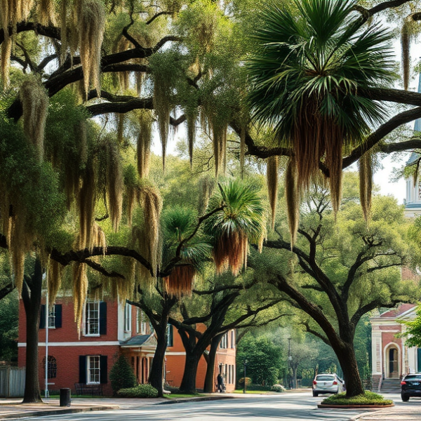 AT&T Coverage, Stores & Plans in Windsor Forest, Savannah GA 31419 A realistic, aspirational street scene in Windsor Forest, Savannah, GA (31419), showcasing lush southern live oaks draped with Spanish moss lining a charming ne