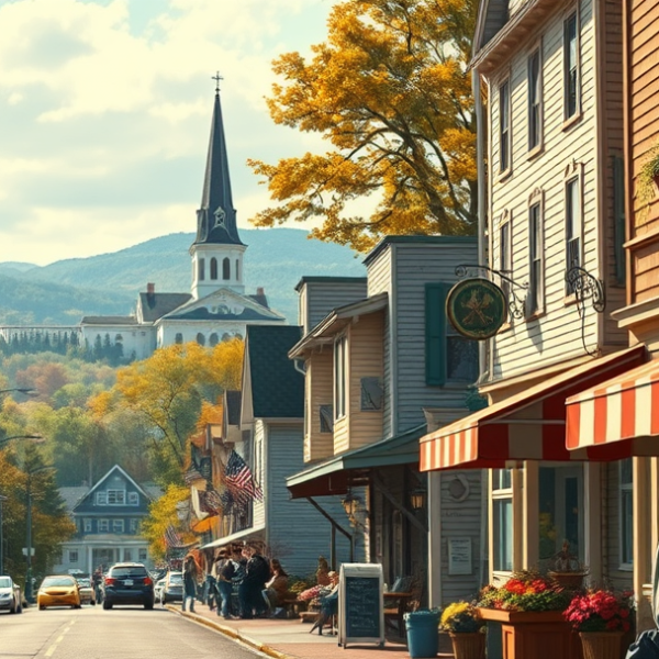 T-Mobile Plans, Coverage & Stores in Winthrop, Augusta ME 04332 A realistic street scene in Winthrop, Augusta, ME (04332), showcasing charming New England architecture with colonial Revival and vintage clapboard houses, some
