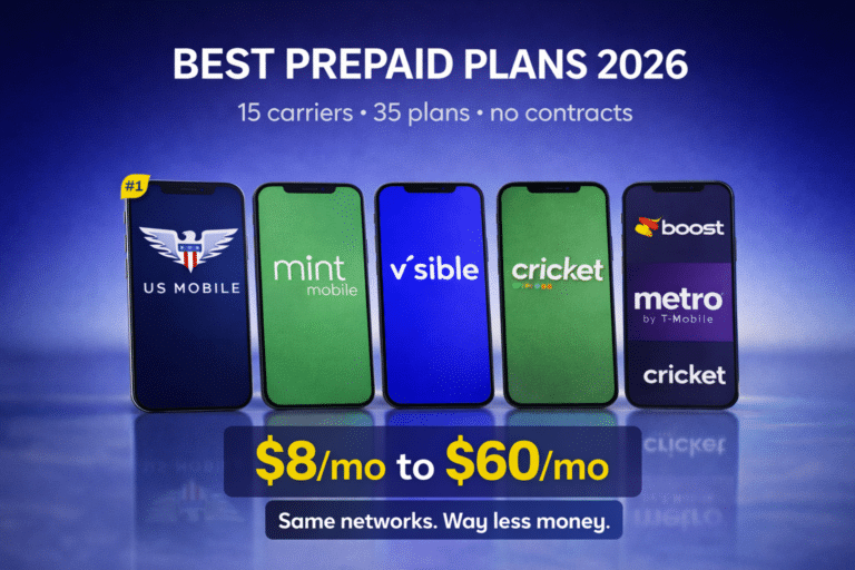 Five smartphones displaying logos of us mobile, mint mobile, visible, cricket wireless and boost mobile on a blue gradient background, with text highlighting prepaid plan pricing and savings. ”