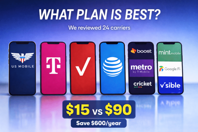 Best cell phone plans 2026 comparison showing us mobile, verizon, t-mobile, at&t and prepaid carriers with $15 vs $90 pricing and $600 yearly savings.