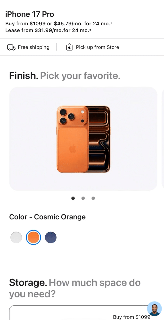 Finish selection shown in cosmic orange.
