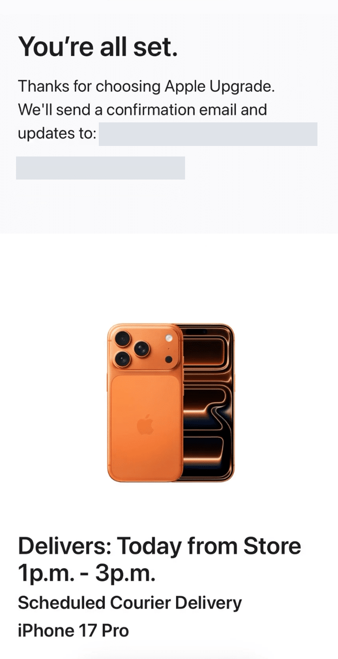 Delivery section of the order confirmation; account and order details obscured.