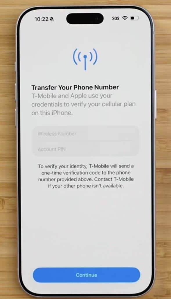 Transfer your phone number screen asking for a t-mobile wireless number and account pin.