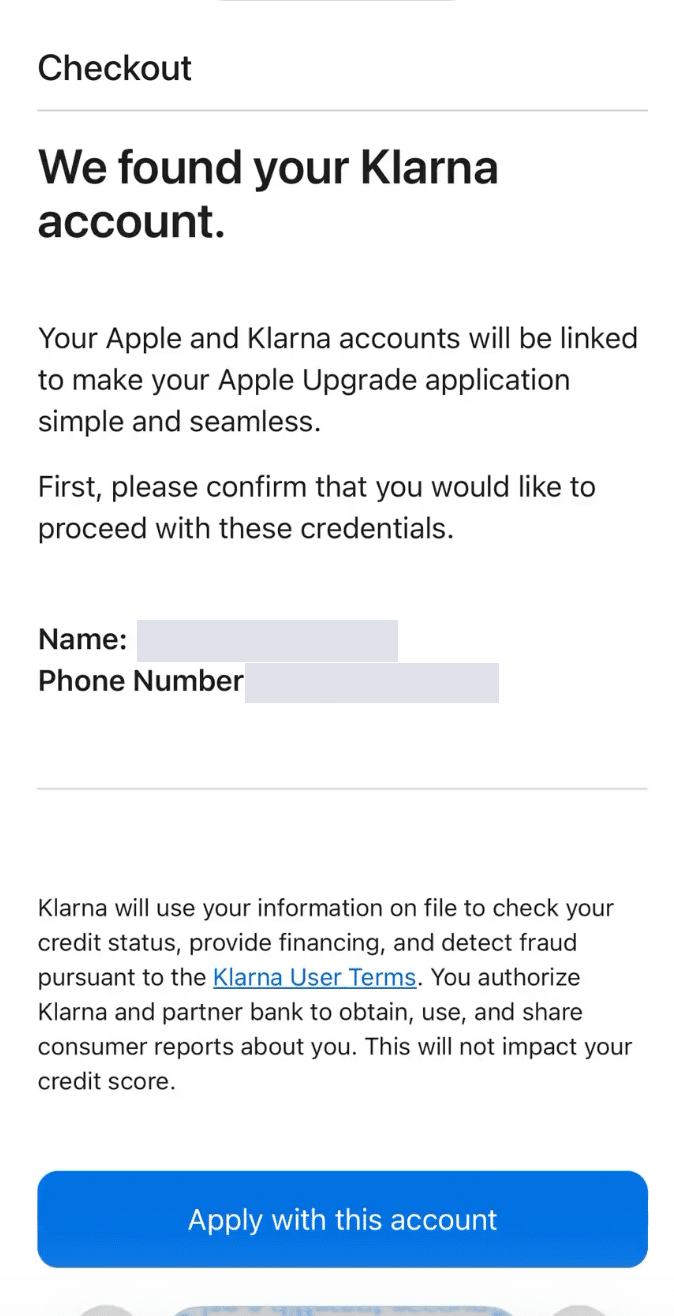 Existing-account confirmation; personal details obscured.