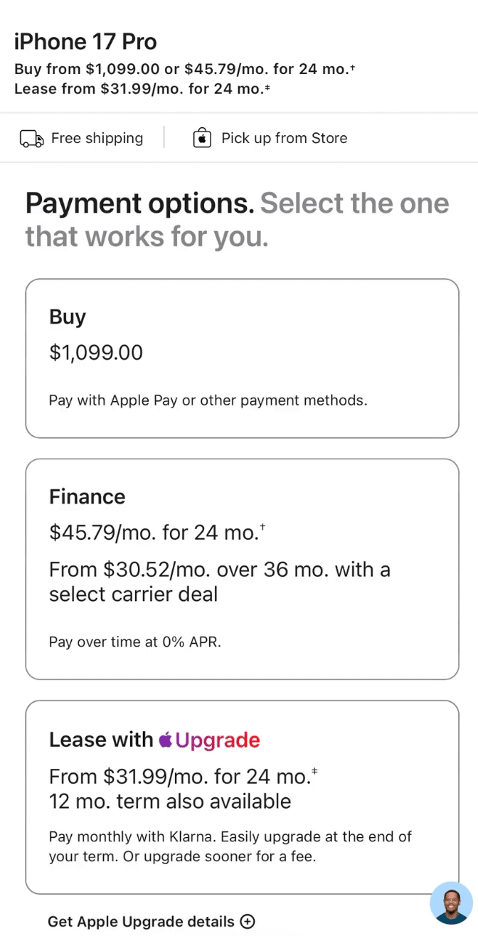 Apple lists leasing alongside buying and financing.