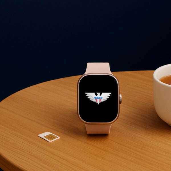Stay Connected with Cricket Wireless: A Complete Guide to Activating Your Apple Watch A smartwatch with the us mobile eagle on its screen on a wooden cafe table beside a sim card and a cup of tea