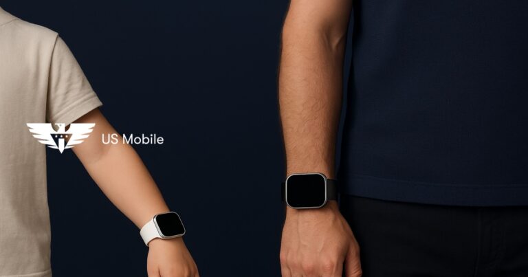 An adult's wrist and a child's wrist side by side, each wearing a smartwatch, with the us mobile logo on the left