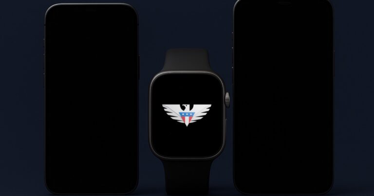 A smartwatch with the us mobile eagle on its screen standing between two phones with dark screens