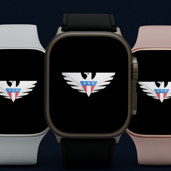 Upgrade Your Apple Watch Easily with US Mobile's Unlimited Plan Three smartwatches in silver, dark titanium and rose pink, each showing the us mobile eagle
