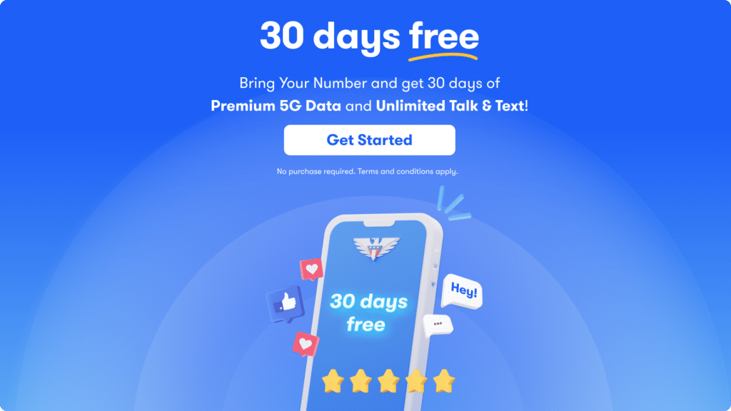Free esim trial offer showing a smartphone with 5-star ratings, offering premium 5g data and unlimited talk and text when you bring your number