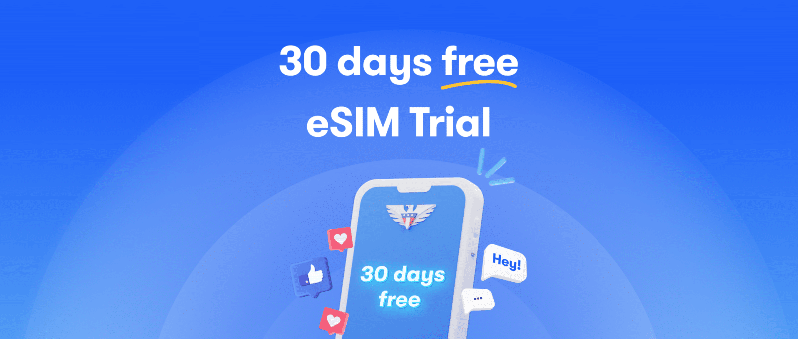 Free eSIM trial offer showing a smartphone with 5-star ratings, offering premium 5G data and unlimited talk and text when you bring your number, no purchase required