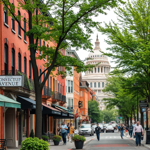 AT&T Coverage, Stores & Plans in Connecticut Ave/ K Street, Washington DC 20220 A vibrant street scene along Connecticut Avenue and K Street in Washington, DC, showcasing a mix of historic and modern architecture with classic brick townhous