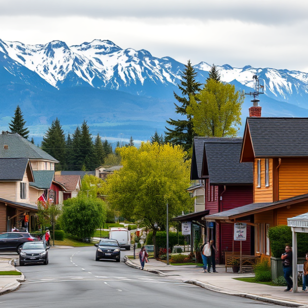 AT&T Coverage, Stores & Plans in Bayshore / Klatt, Anchorage AK 99515 A vibrant street scene in Bayshore / Klatt, Anchorage, AK 99515, showcasing a cozy neighborhood with charming mid-century houses featuring pitched roofs, wooden