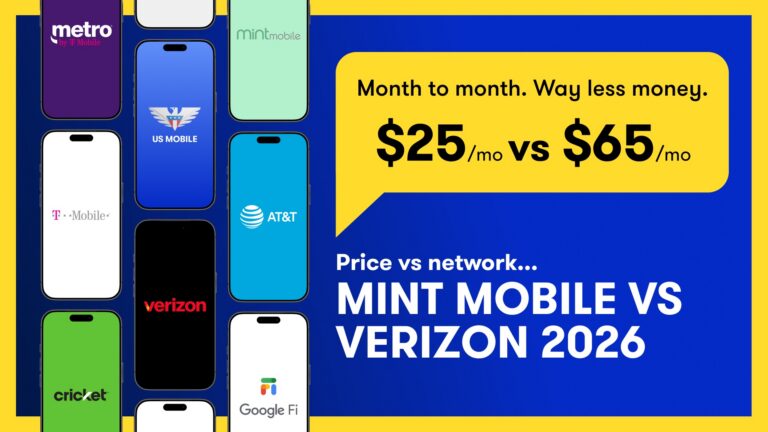 Phones showing carrier logos beside the headline mint mobile vs verizon 2026, comparing $25 a month with $65 a month