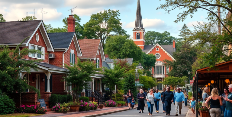 A vibrant street scene in Blair Villa/Poole Creek, Atlanta 30388, showcasing charming single-family homes with traditional brick facades, colorful Craftsman bin