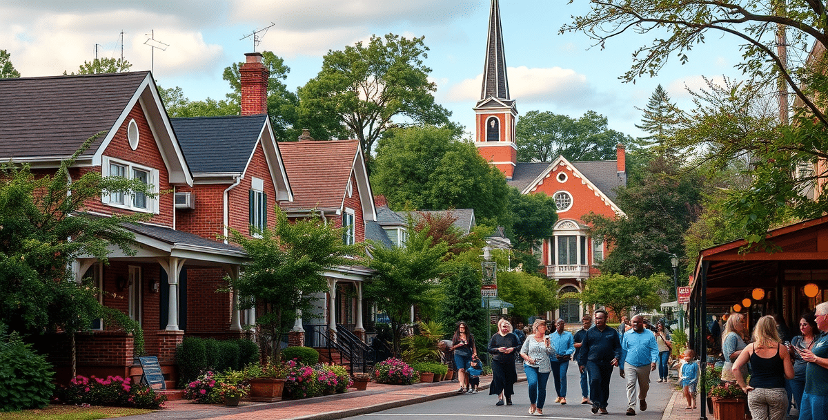 A vibrant street scene in blair villa/poole creek, atlanta 30388, showcasing charming single-family homes with traditional brick facades, colorful craftsman bin